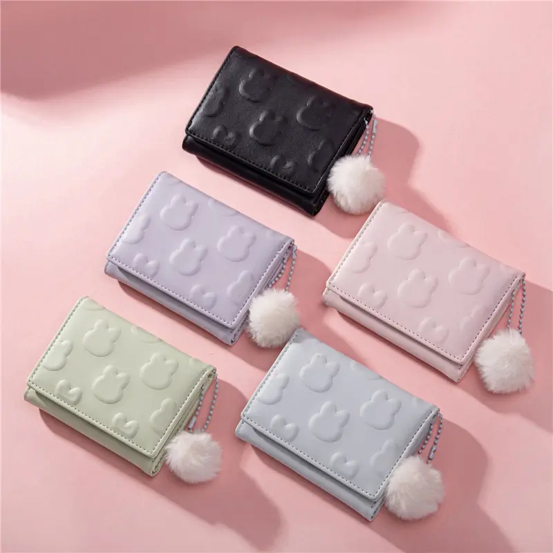 Rabbit Pattern Short Wallet, Solid Color Sweet Trifold Coin Purse, Classic Credit Card Holder High appearance level