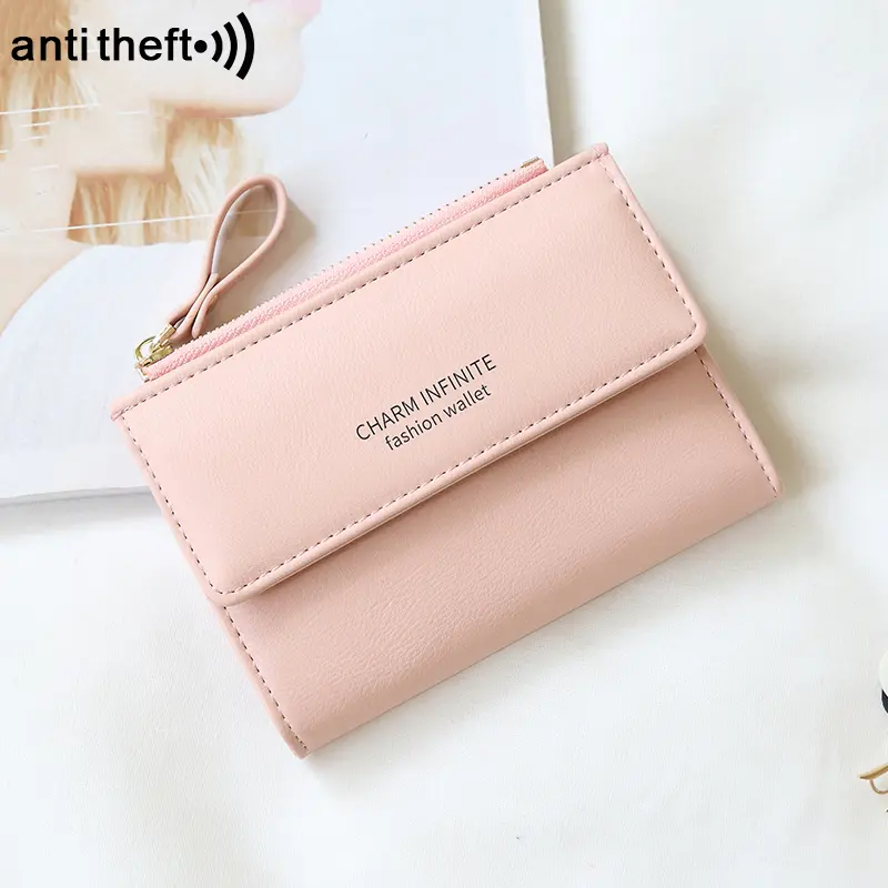 RFID Anti-Theft Short Card Bag for Women, Brush, PU, Solid Color, Zipper Buckle, Multi-functional Fashion, Small Purse