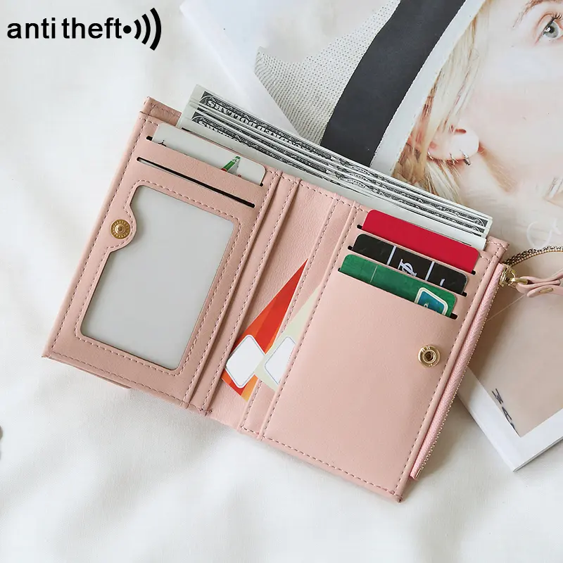RFID Anti-Theft Short Card Bag for Women, Brush, PU, Solid Color, Zipper Buckle, Multi-functional Fashion, Small Purse