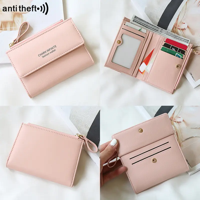 RFID Anti-Theft Short Card Bag for Women, Brush, PU, Solid Color, Zipper Buckle, Multi-functional Fashion, Small Purse