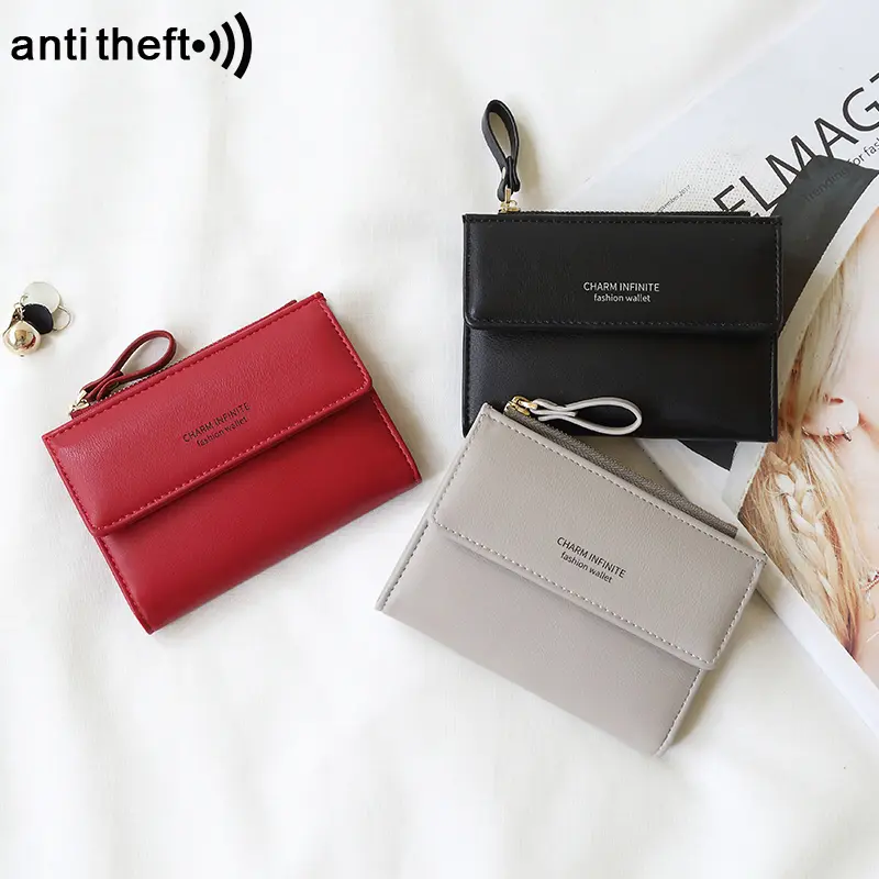 RFID Anti-Theft Short Card Bag for Women, Brush, PU, Solid Color, Zipper Buckle, Multi-functional Fashion, Small Purse
