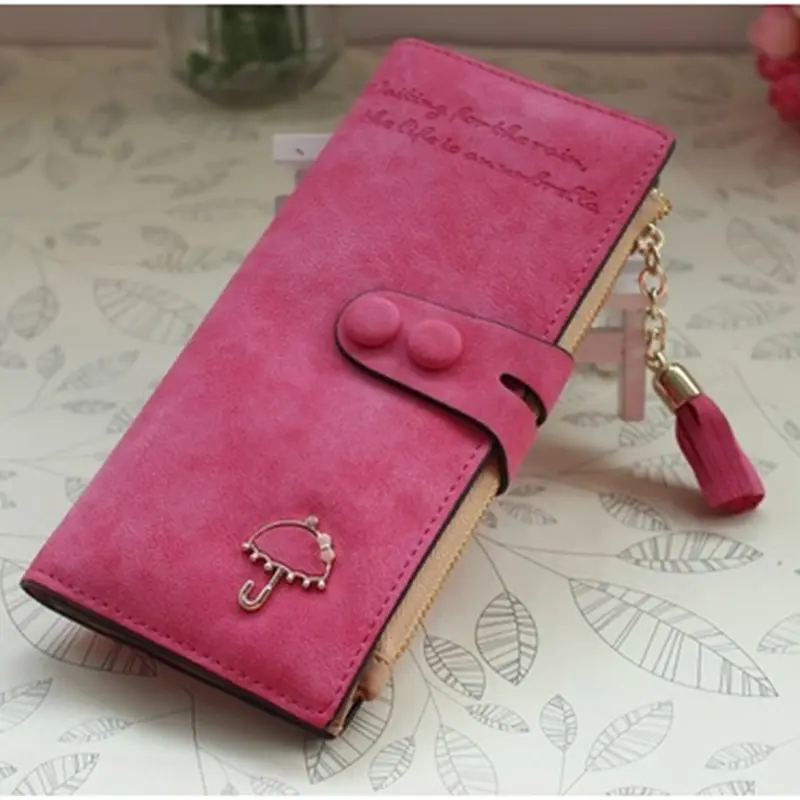 Women's long purse European and American vintage frosted Umbrella Hardware buckle fringe multi-card folding mobile wallet Large