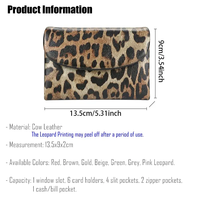 Women's Fashion Leopard Printing Genuine Cow Leather Short Wallet Coin Purse ID Card Holder Money Bag Tri-fold Wallet for Ladies