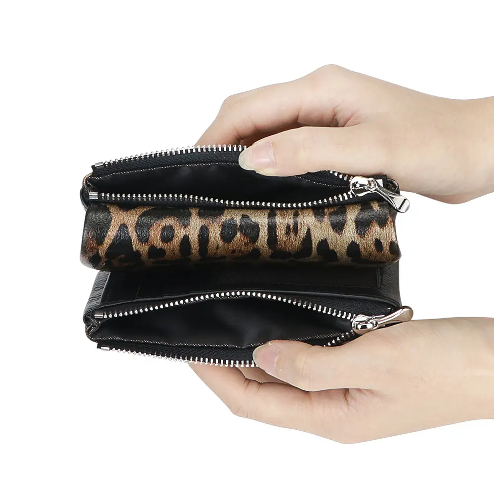 Women's Fashion Leopard Printing Genuine Cow Leather Short Wallet Coin Purse ID Card Holder Money Bag Tri-fold Wallet for Ladies