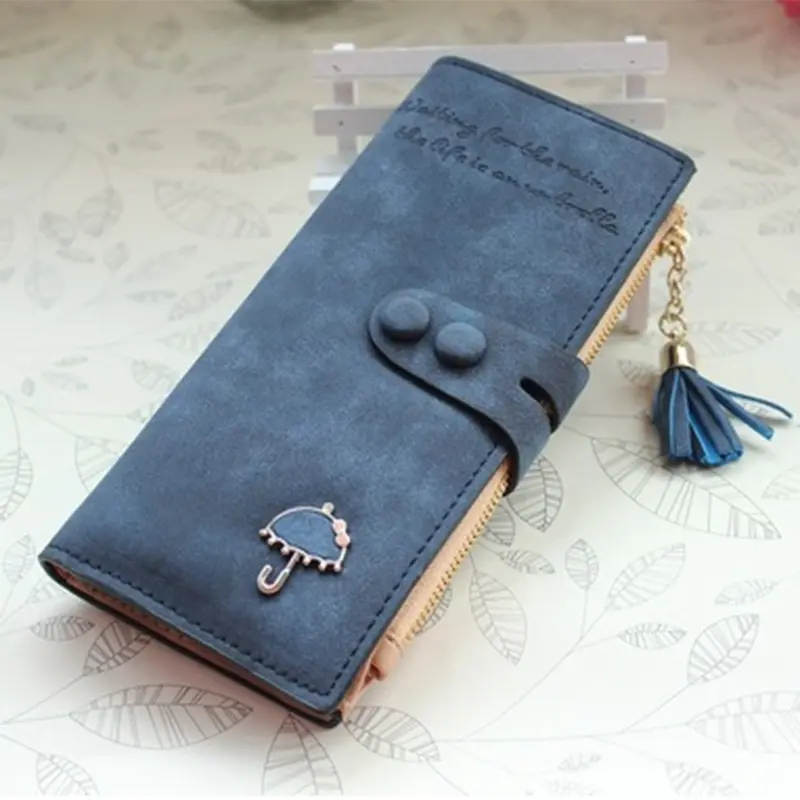 Women's long purse European and American vintage frosted Umbrella Hardware buckle fringe multi-card folding mobile wallet Large