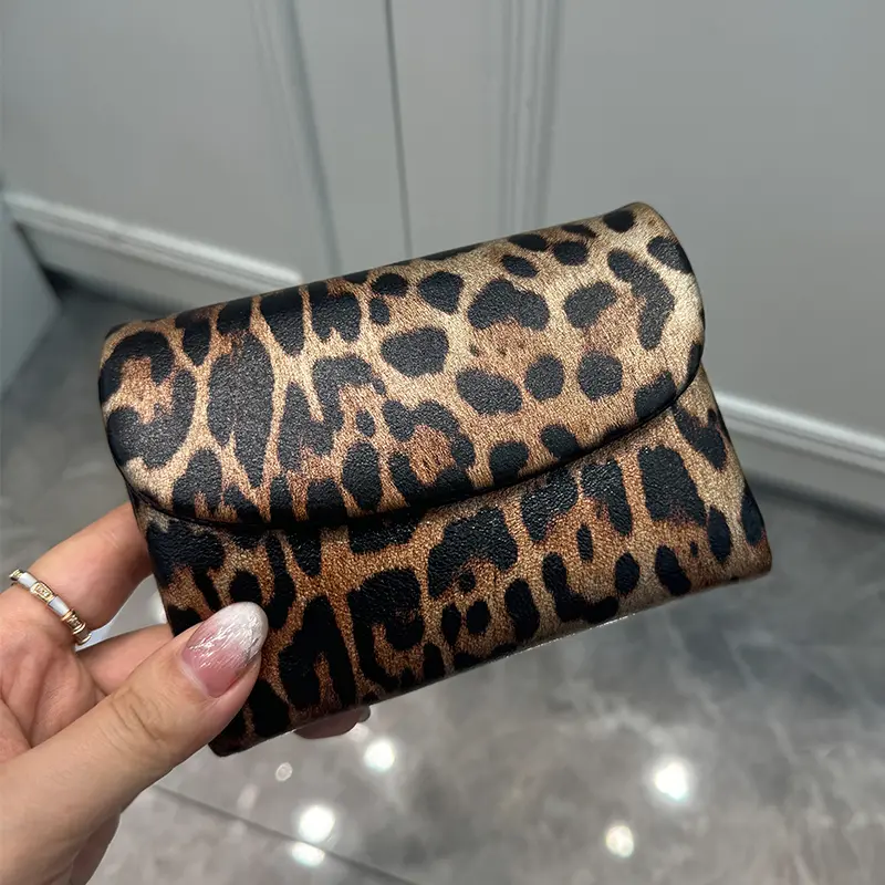 Women's Fashion Leopard Printing Genuine Cow Leather Short Wallet Coin Purse ID Card Holder Money Bag Tri-fold Wallet for Ladies