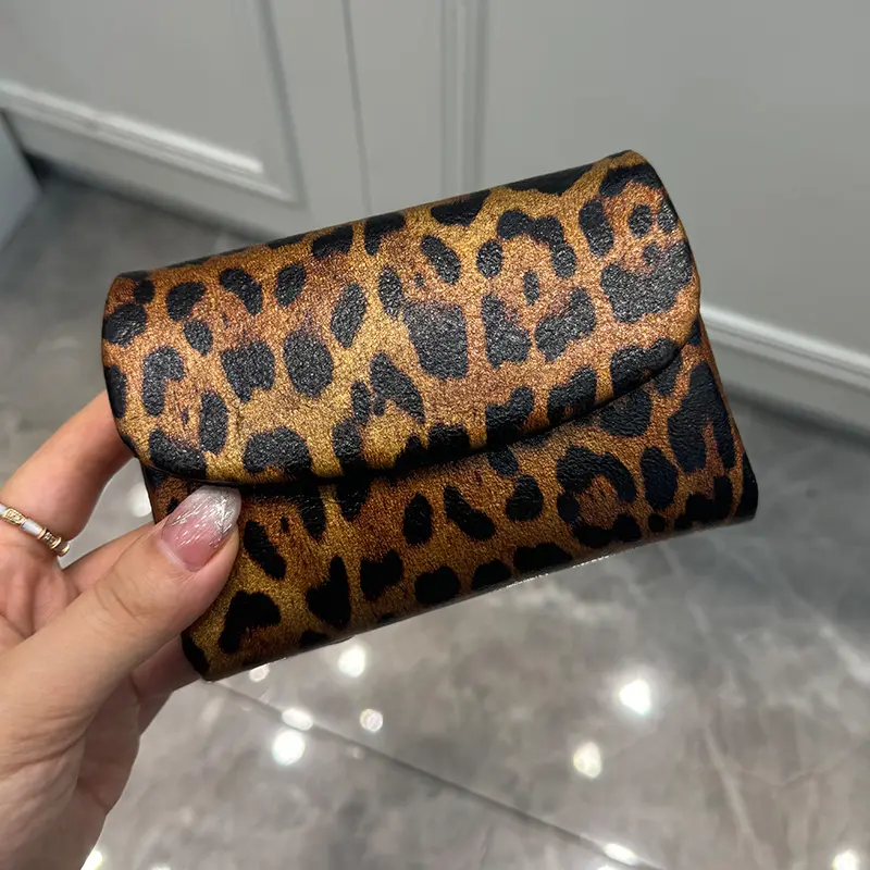 Women's Fashion Leopard Printing Genuine Cow Leather Short Wallet Coin Purse ID Card Holder Money Bag Tri-fold Wallet for Ladies