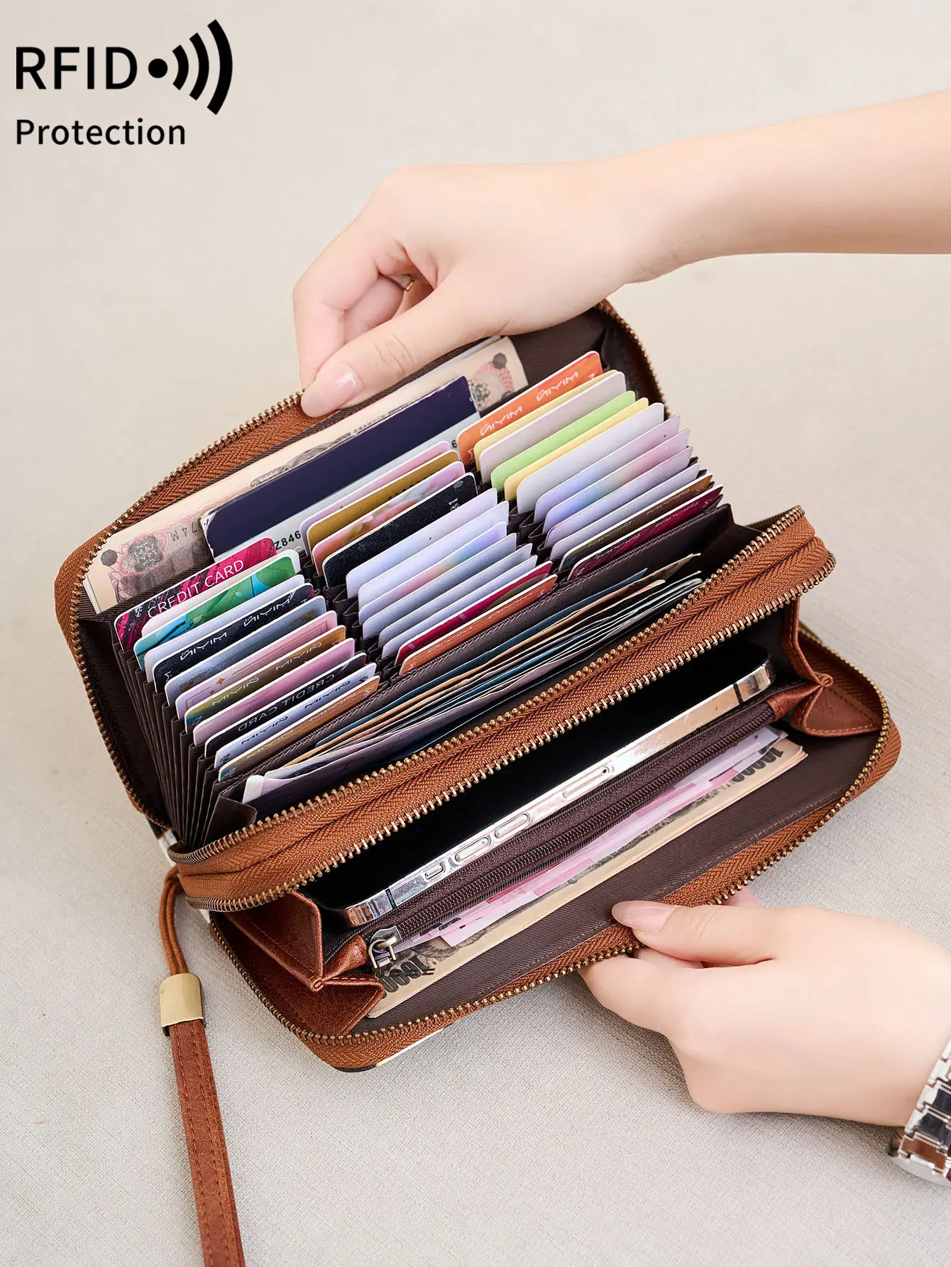 Vintage Women Double Zipper Long Wallet RFID Blocking Large Capacity Organ card bag Fashionable Leopard Print Ladies' handbag