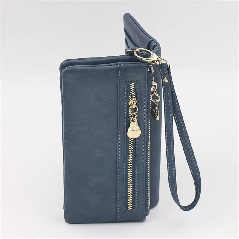 2023 New Vintage Frosted Double Zipper Long Wallet Large Capacity Women Folding Mobile Bag Women Wallet