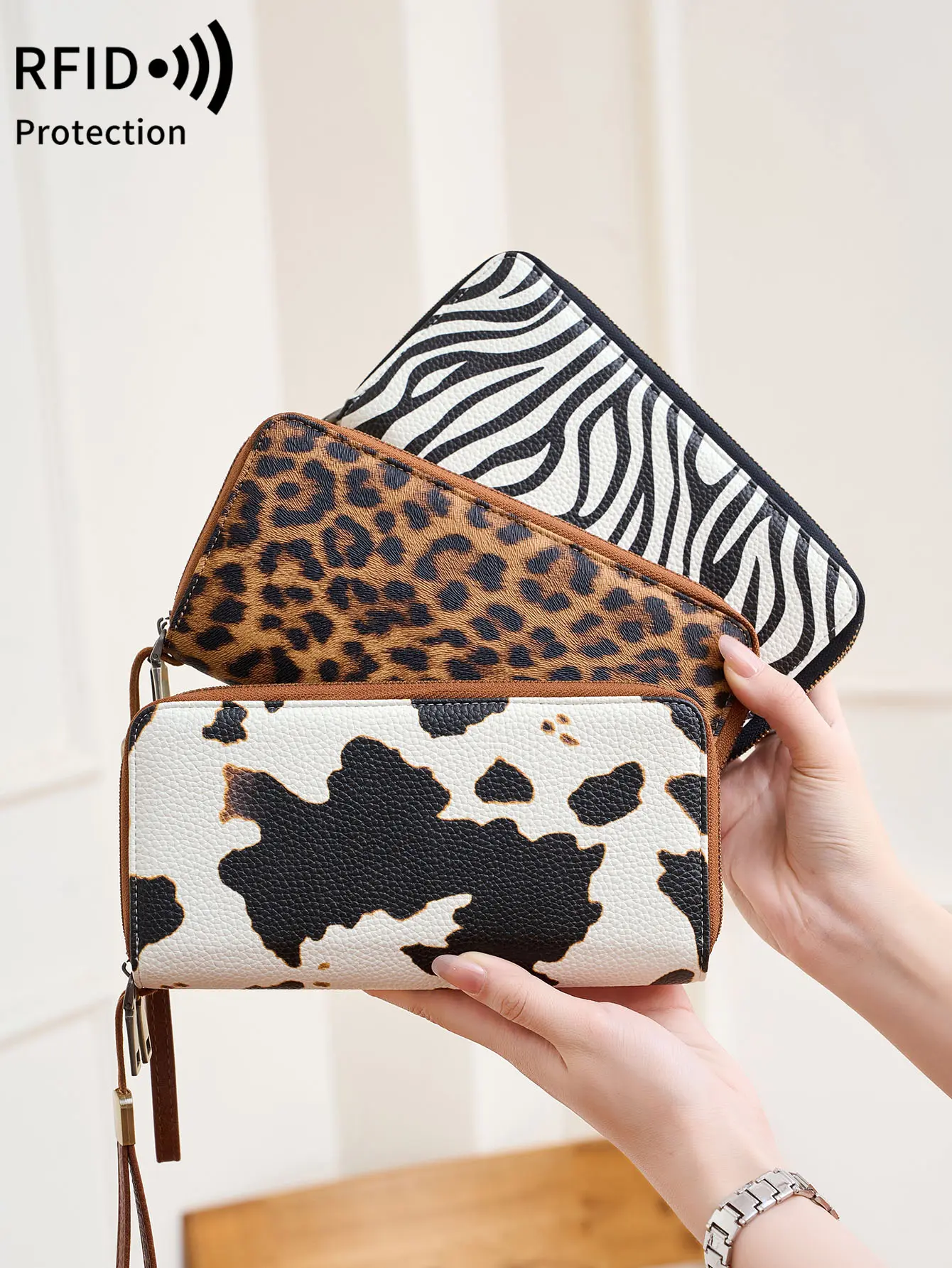 Vintage Women Double Zipper Long Wallet RFID Blocking Large Capacity Organ card bag Fashionable Leopard Print Ladies' handbag