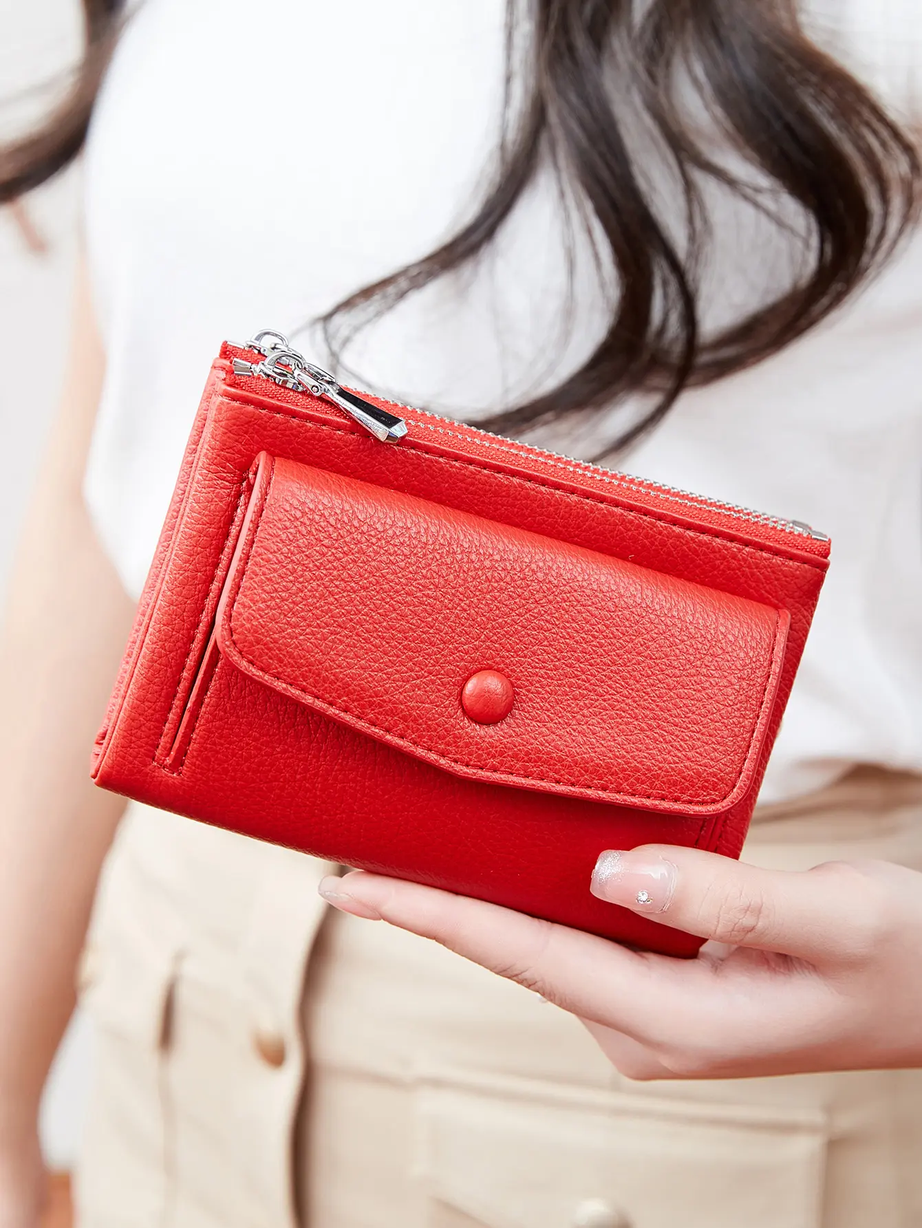 Women's wallet PU leather short double zippered wallet simple solid color large capacity credit card holder bag with coin pocket