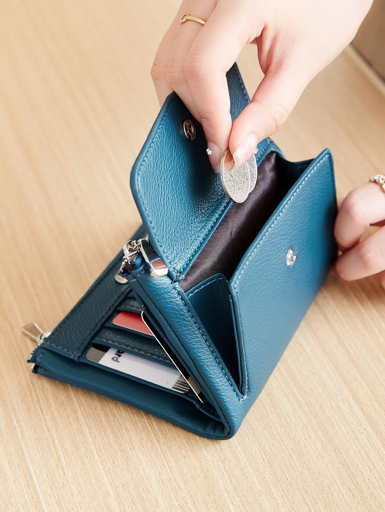 Women's wallet PU leather short double zippered wallet simple solid color large capacity credit card holder bag with coin pocket