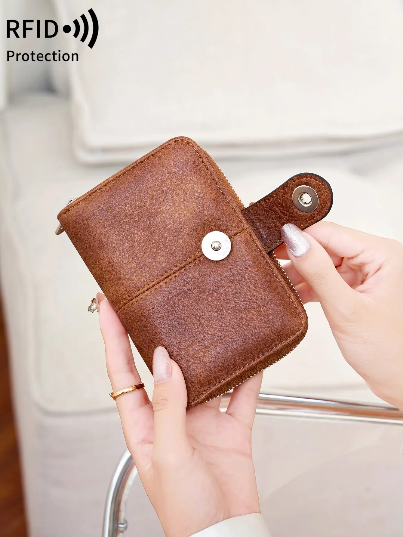 New Women's Wallet Retro Trifold RFID Short Wallet Fashion Large Capacity Buckle Zipper Coin Women's Coin Purse Card Holder