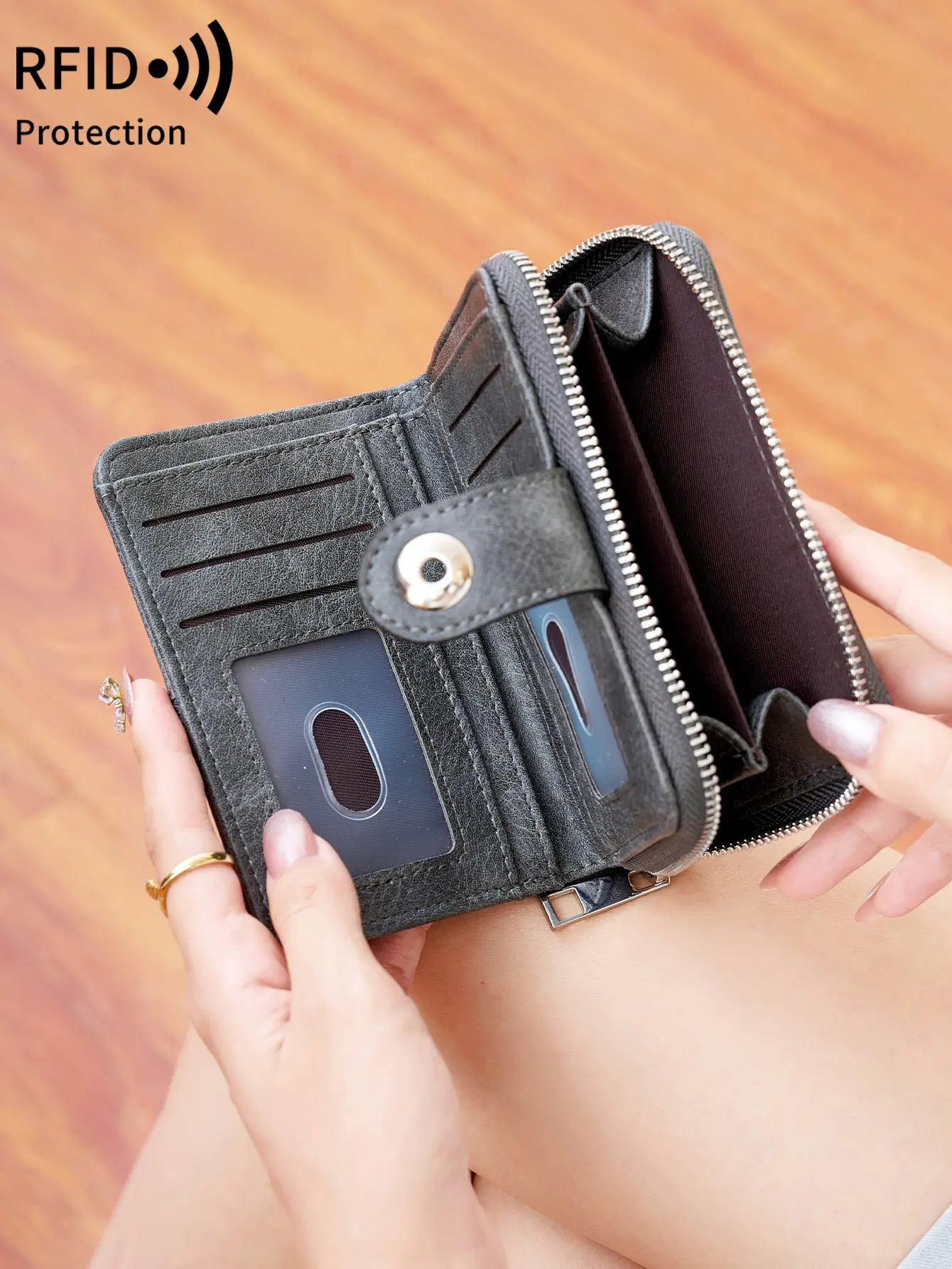 New Women's Wallet Retro Trifold RFID Short Wallet Fashion Large Capacity Buckle Zipper Coin Women's Coin Purse Card Holder