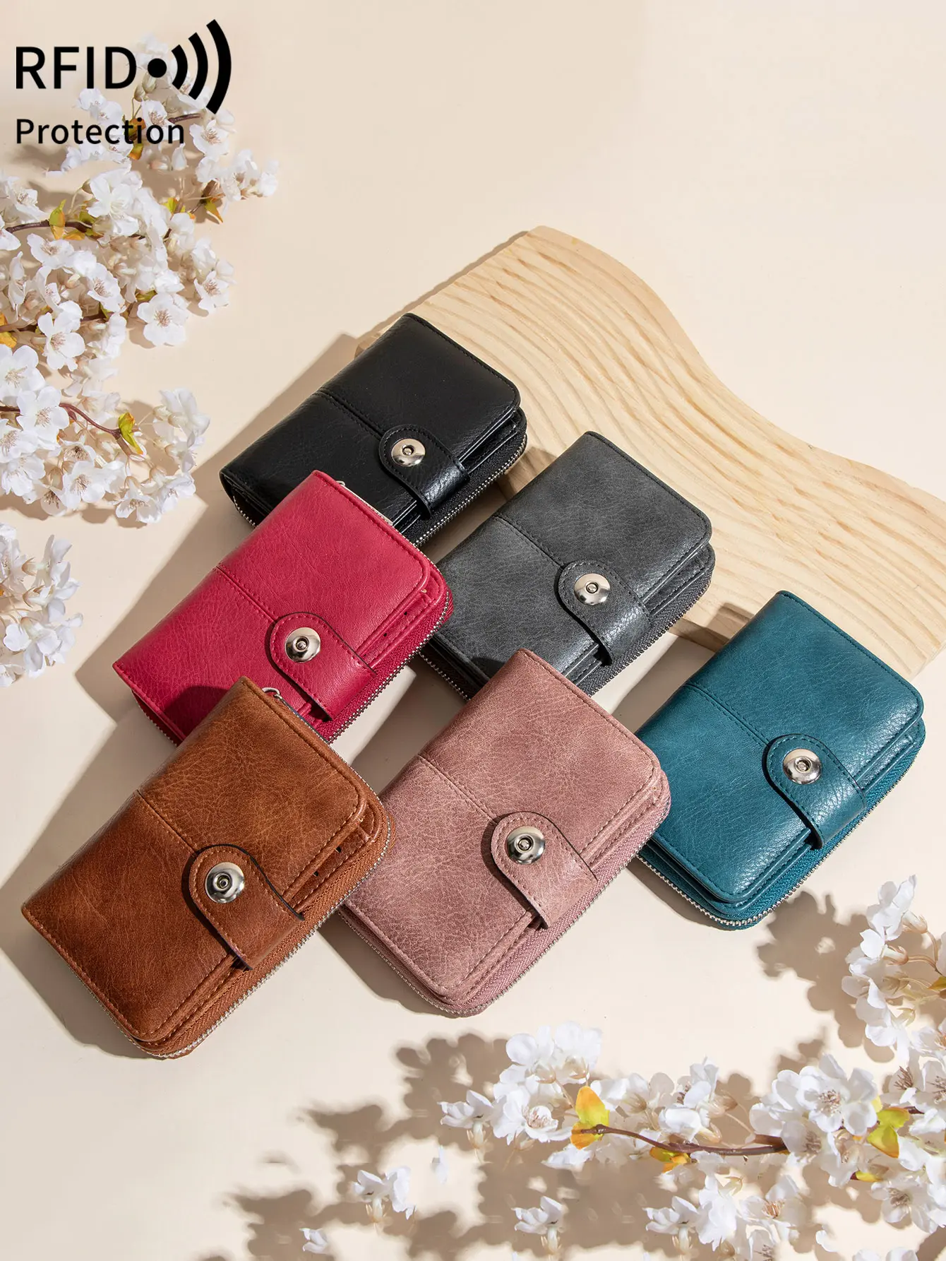 New Women's Wallet Retro Trifold RFID Short Wallet Fashion Large Capacity Buckle Zipper Coin Women's Coin Purse Card Holder