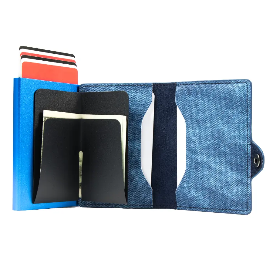 CASEKEY Slim Minimalist Denim Leather Pop Up Credit Card Wallet Rfid Money Bag Aluminum Metal Smart Card Holder for Men Women