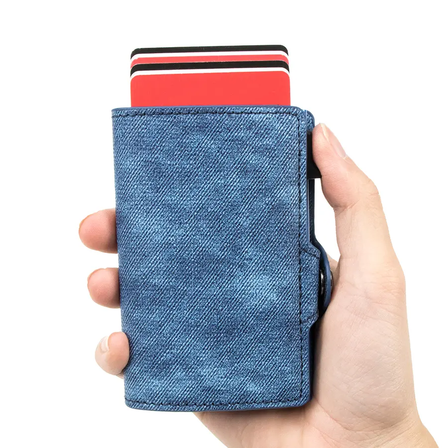 CASEKEY Slim Minimalist Denim Leather Pop Up Credit Card Wallet Rfid Money Bag Aluminum Metal Smart Card Holder for Men Women