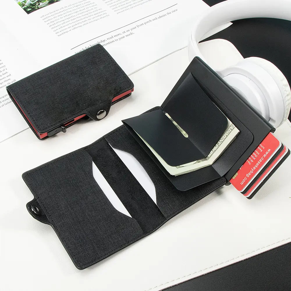 CASEKEY Slim Minimalist Denim Leather Pop Up Credit Card Wallet Rfid Money Bag Aluminum Metal Smart Card Holder for Men Women
