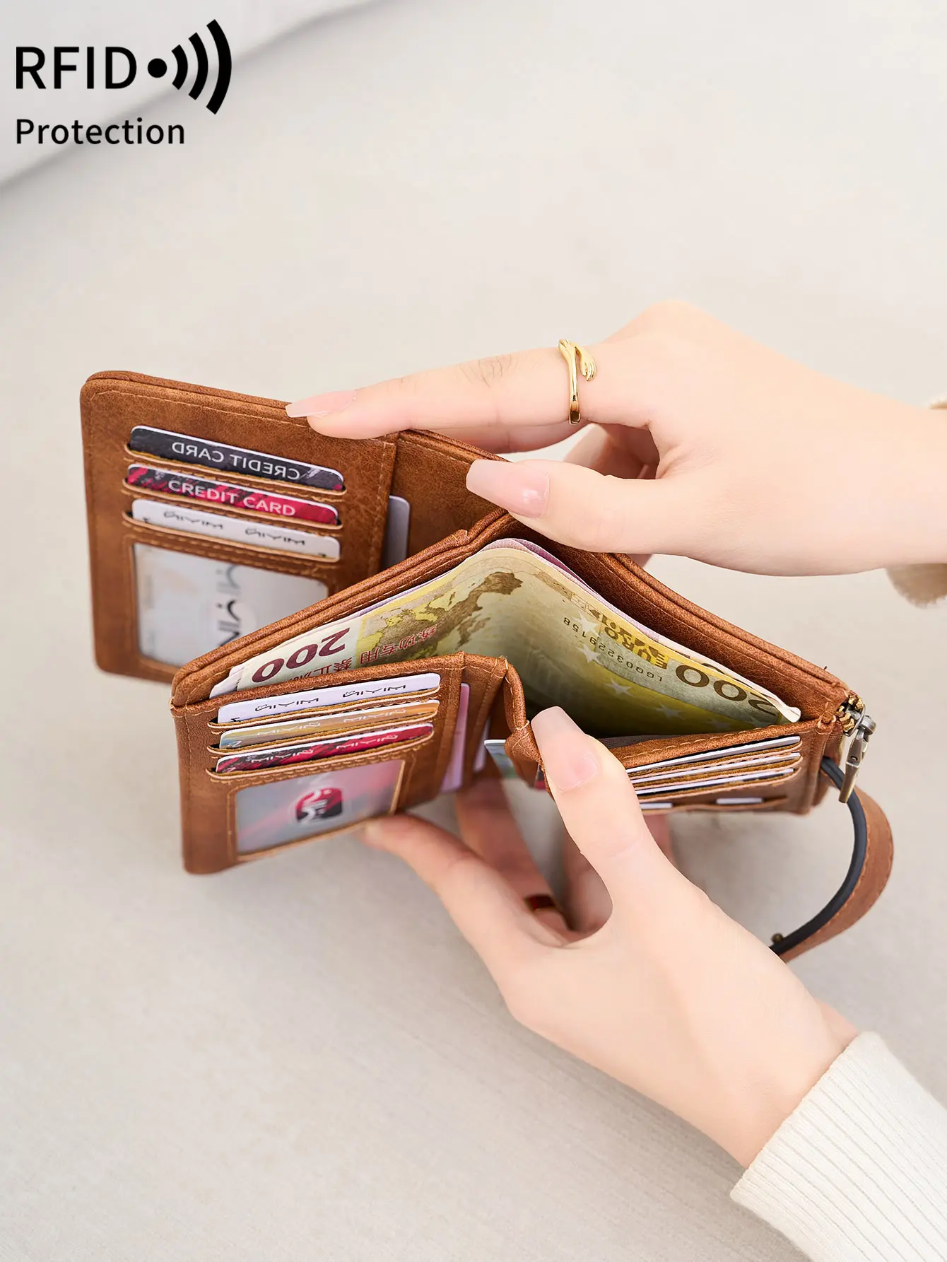 Retro Women'S RFID Short Wallet Minimalism solid color Portable Trifold Large Capacity Wallet  Multiple Card Slots Card Holder