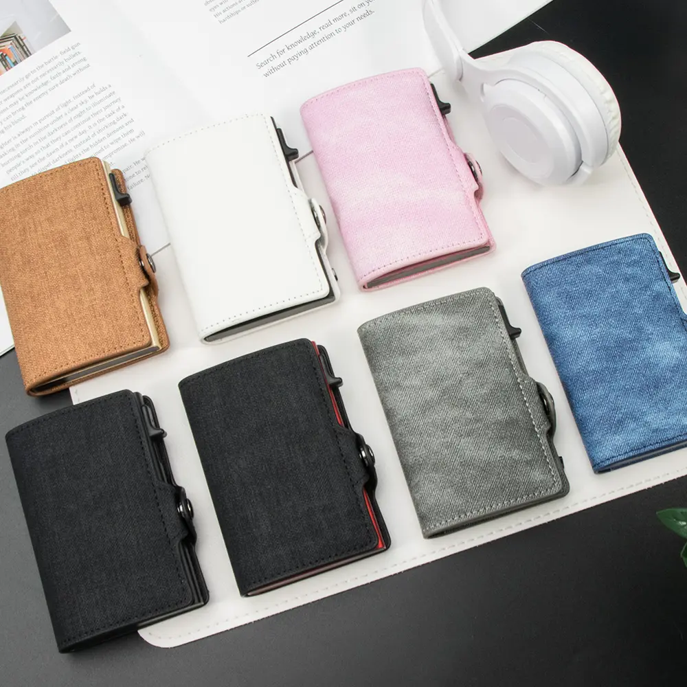 CASEKEY Slim Minimalist Denim Leather Pop Up Credit Card Wallet Rfid Money Bag Aluminum Metal Smart Card Holder for Men Women