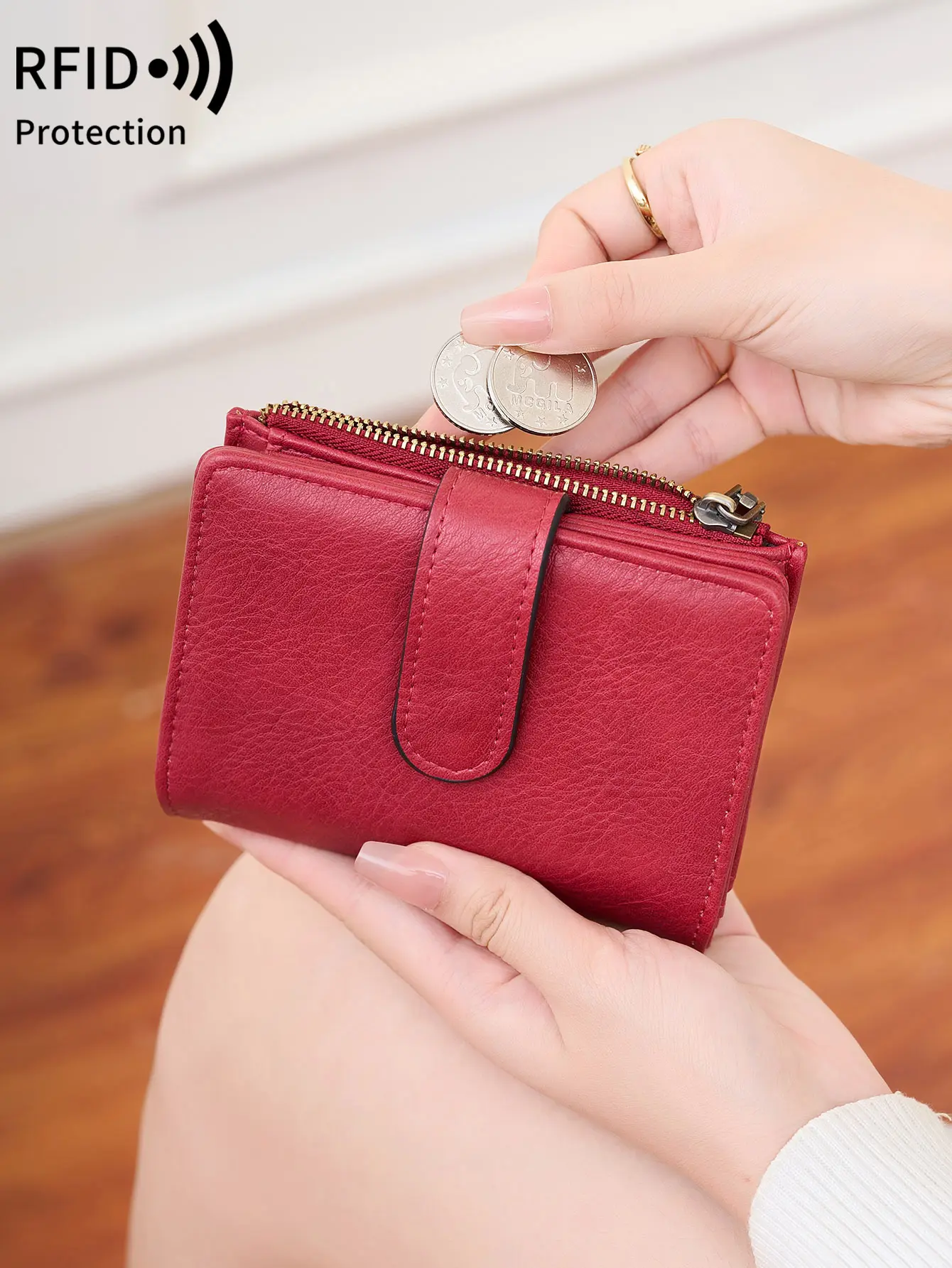 Retro Women'S RFID Short Wallet Minimalism solid color Portable Trifold Large Capacity Wallet  Multiple Card Slots Card Holder