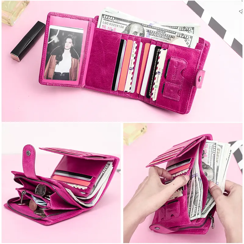 Contact's Women Wallets Luxury Brand Small Coin Purse Hasp Card Holder Genuine Leather Rose Wallet for Female Quality Money Bag