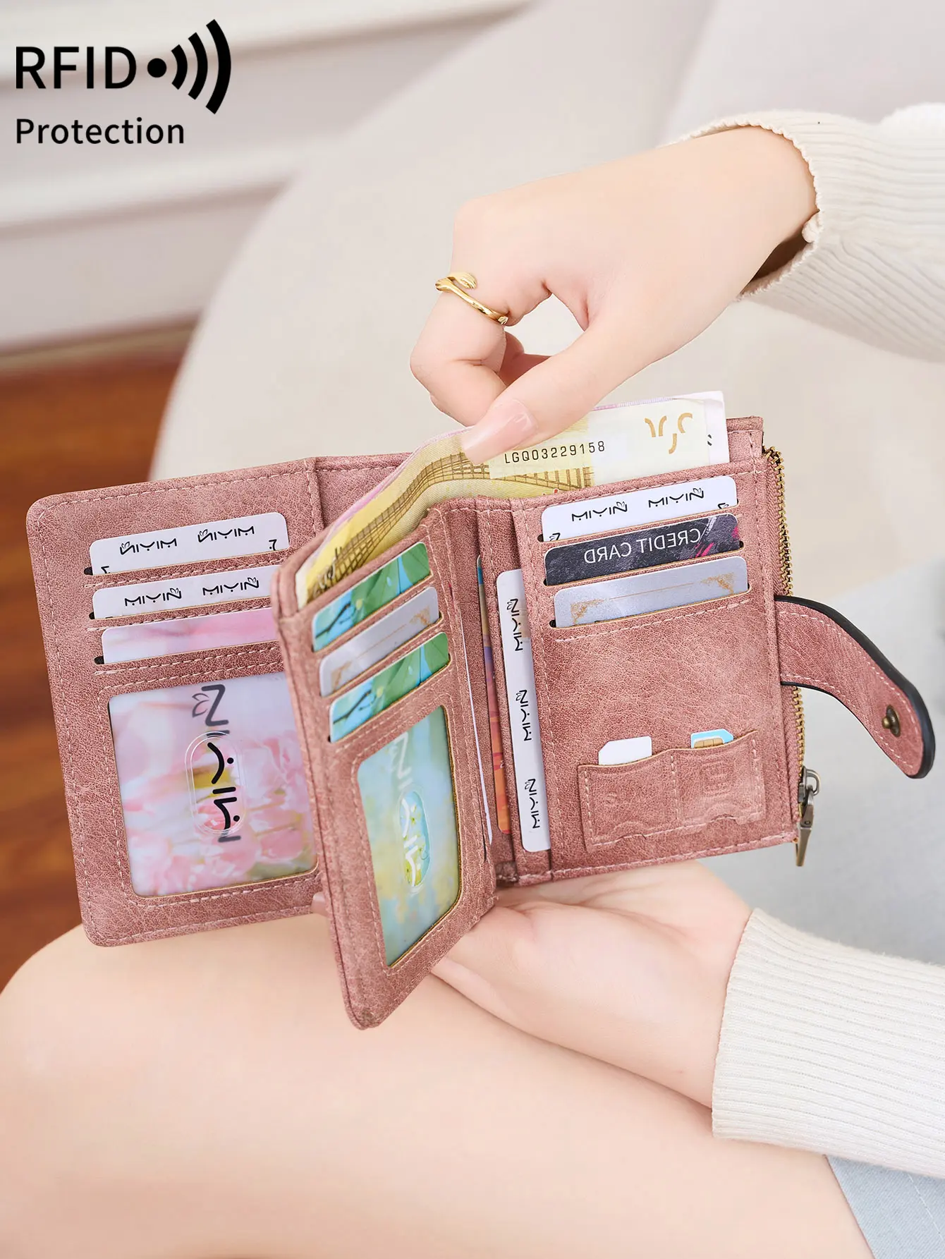 Retro Women'S RFID Short Wallet Minimalism solid color Portable Trifold Large Capacity Wallet  Multiple Card Slots Card Holder