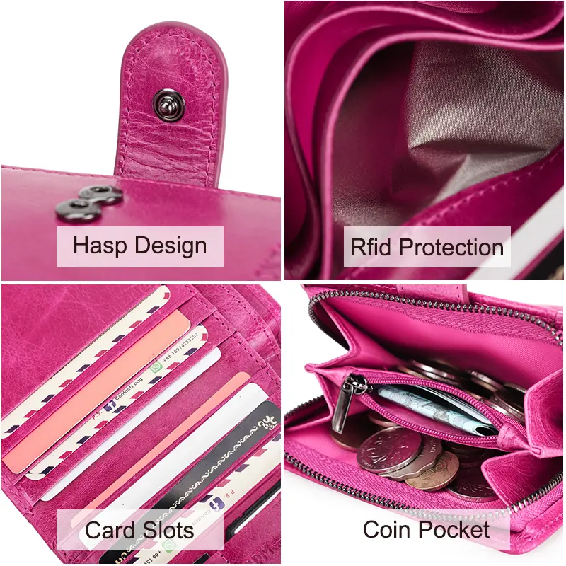 Contact's Women Wallets Luxury Brand Small Coin Purse Hasp Card Holder Genuine Leather Rose Wallet for Female Quality Money Bag