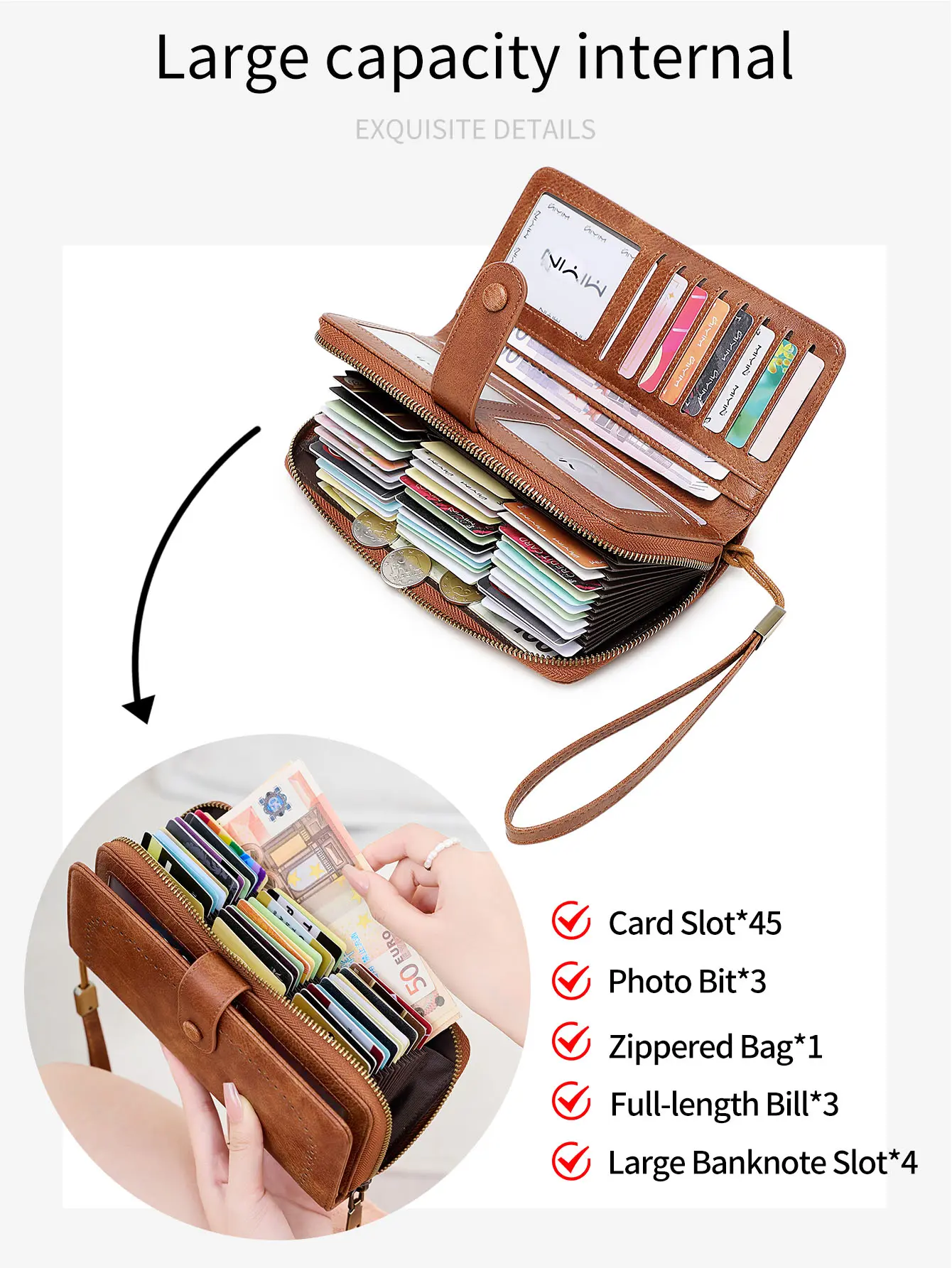 RFID Vintage long wallet with multiple card slots large capacity zipper clutch bag fashionable versatile women's credit card bag