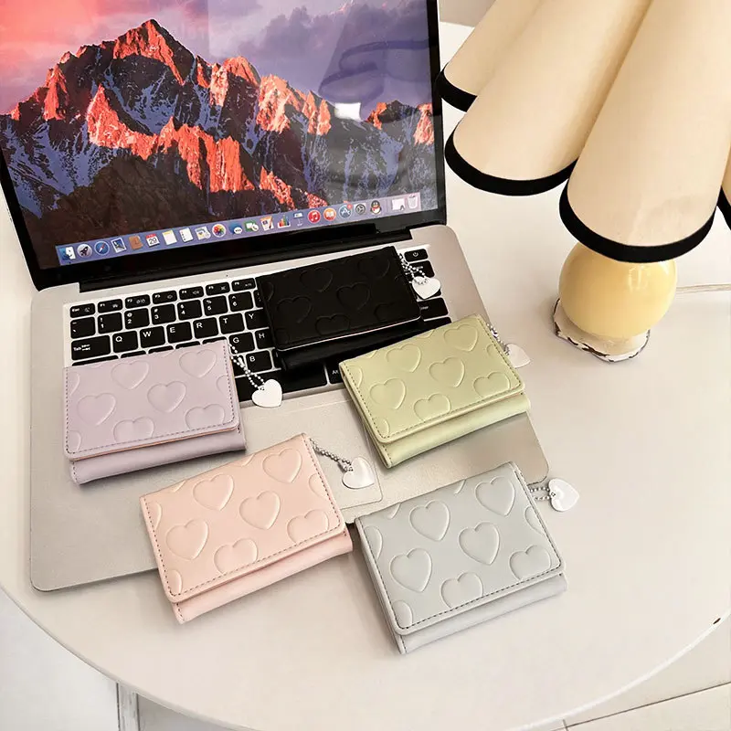Stylish Heart Pattern Short Wallet, Solid Color Trifold Coin Purse, Faux Leather Casual Credit Card Case