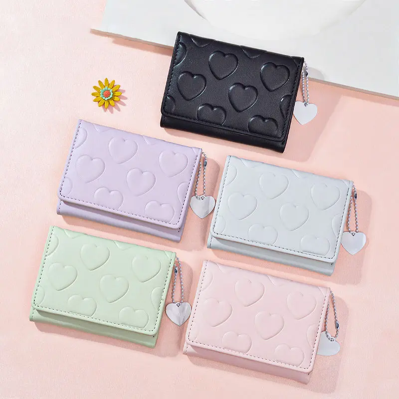 Stylish Heart Pattern Short Wallet, Solid Color Trifold Coin Purse, Faux Leather Casual Credit Card Case
