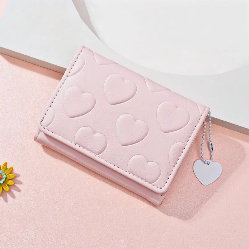 Stylish Heart Pattern Short Wallet, Solid Color Trifold Coin Purse, Faux Leather Casual Credit Card Case