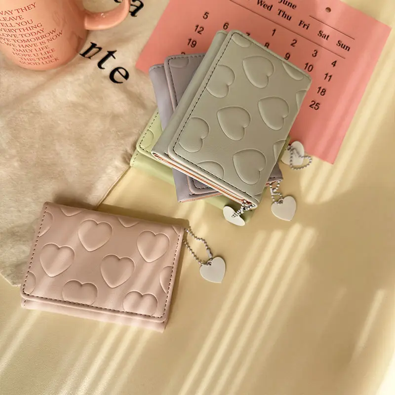 Stylish Heart Pattern Short Wallet, Solid Color Trifold Coin Purse, Faux Leather Casual Credit Card Case