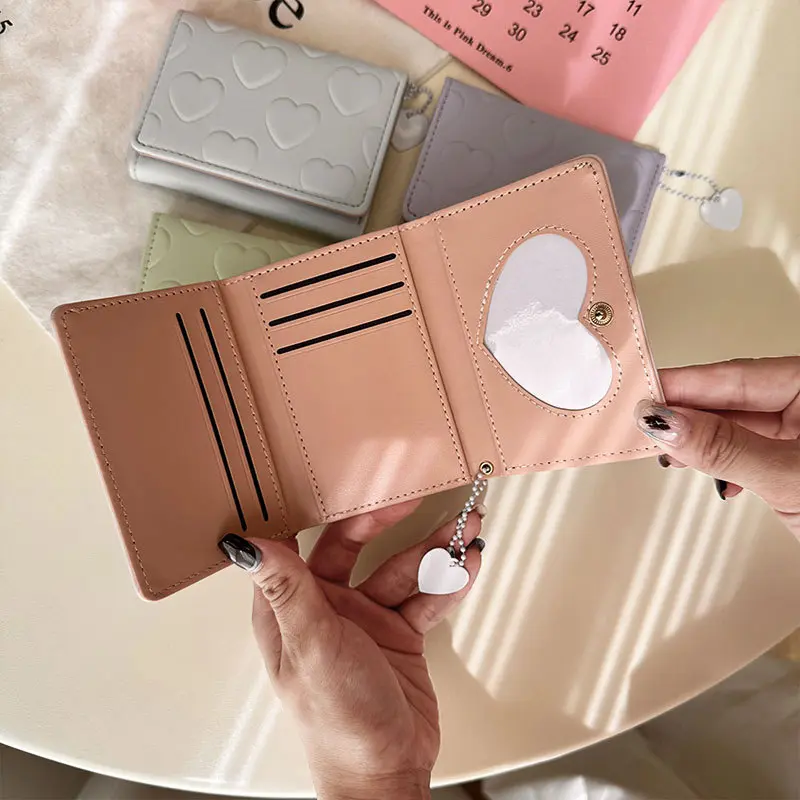 Stylish Heart Pattern Short Wallet, Solid Color Trifold Coin Purse, Faux Leather Casual Credit Card Case