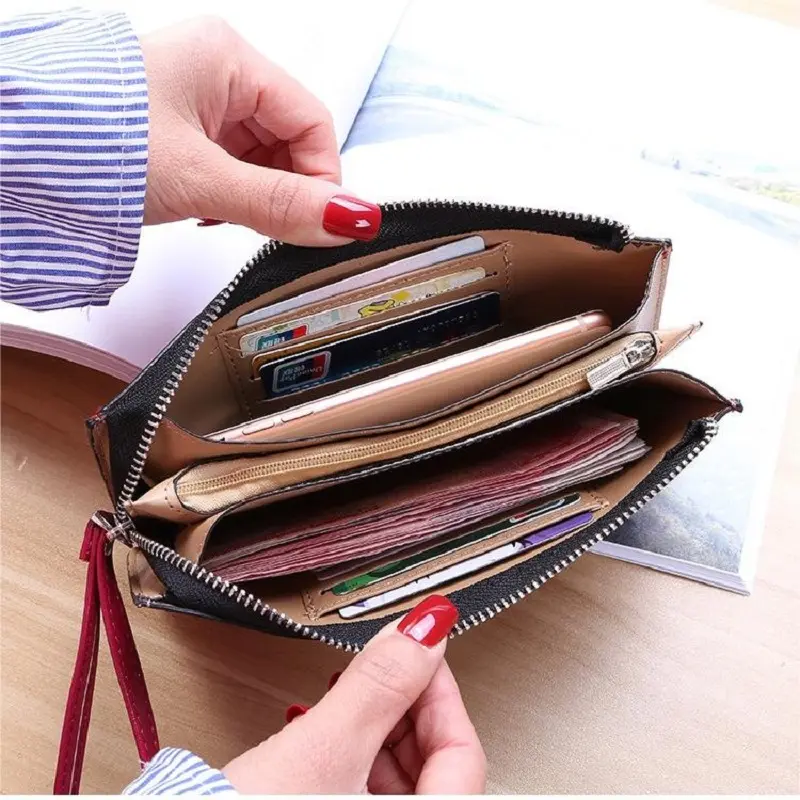 Fashion Women's Zipper Slim Long Wallets Clutch Bag Luxury Designer Woman Card Holder Coin Purses with Lanyard Cell Phone Wallet