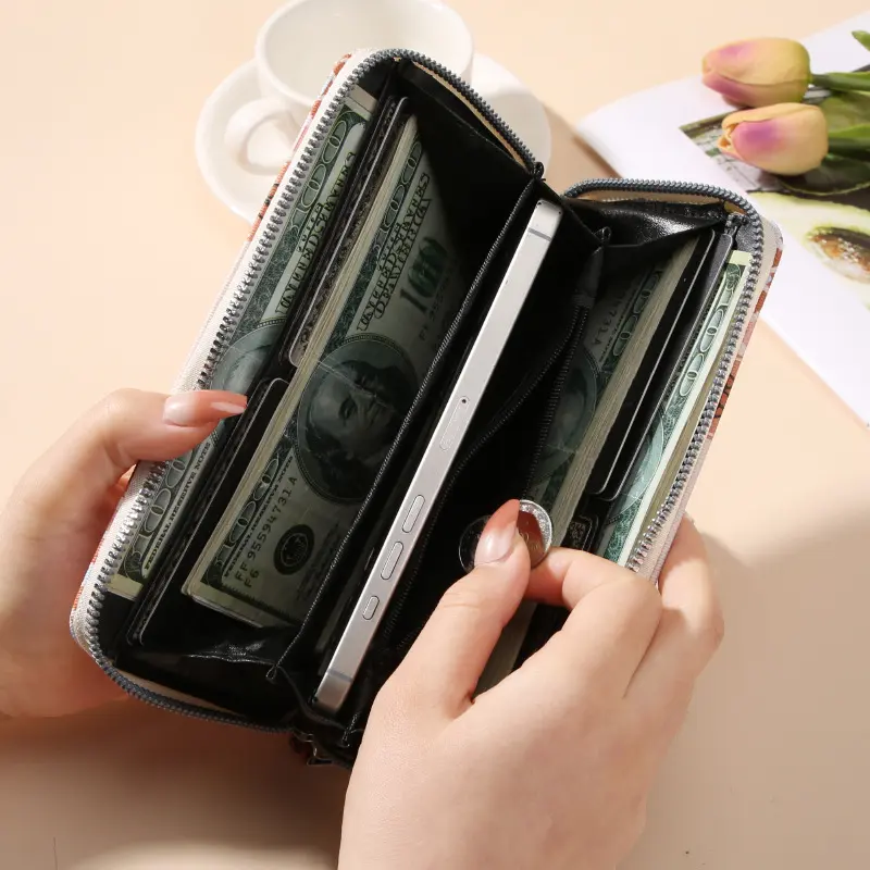 Women's Long Wallets Wristlet Clutch Wallet Vintage Bohemian Style Credit Card Holder with Zipper Coin Pocket Mobile Phone Purse