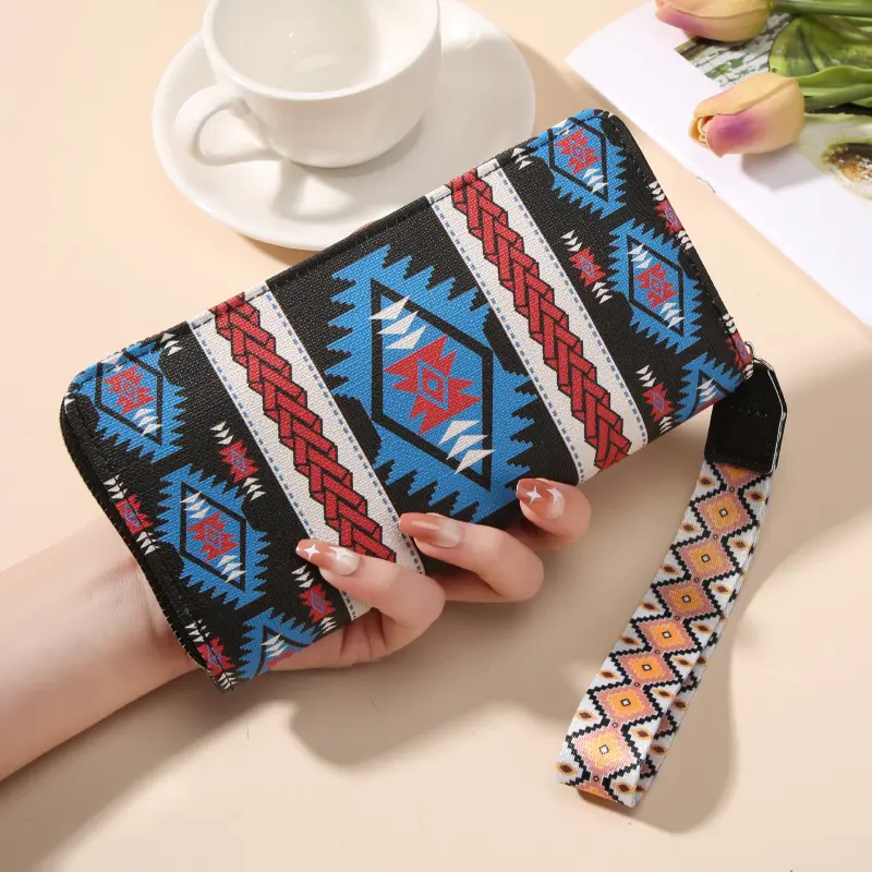 Women's Long Wallets Wristlet Clutch Wallet Vintage Bohemian Style Credit Card Holder with Zipper Coin Pocket Mobile Phone Purse