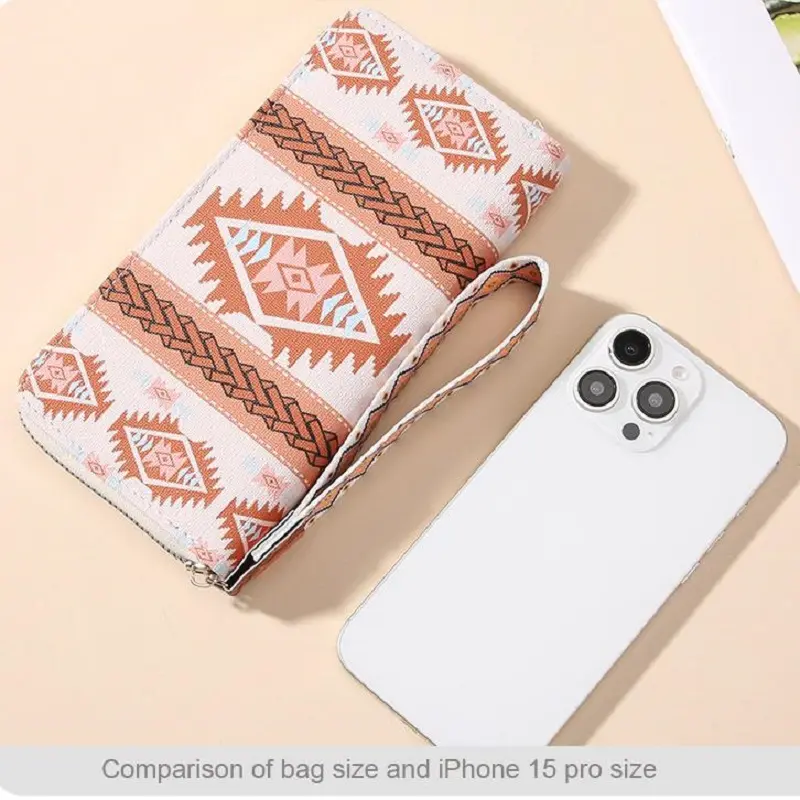 Women's Long Wallets Wristlet Clutch Wallet Vintage Bohemian Style Credit Card Holder with Zipper Coin Pocket Mobile Phone Purse
