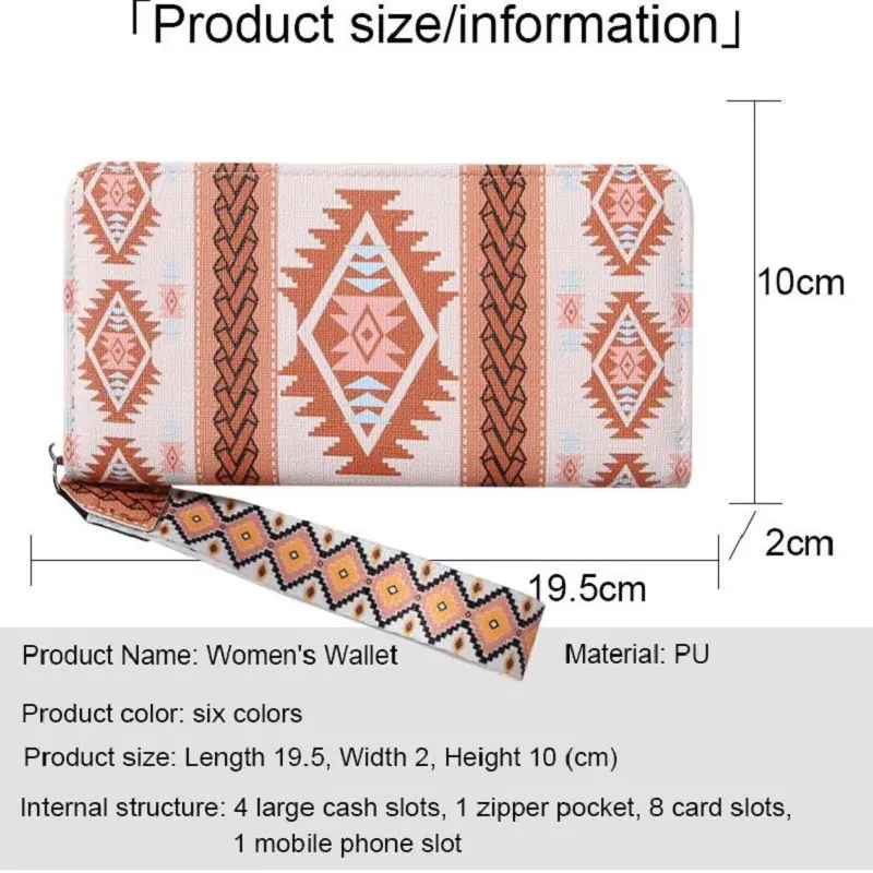 Women's Long Wallets Wristlet Clutch Wallet Vintage Bohemian Style Credit Card Holder with Zipper Coin Pocket Mobile Phone Purse