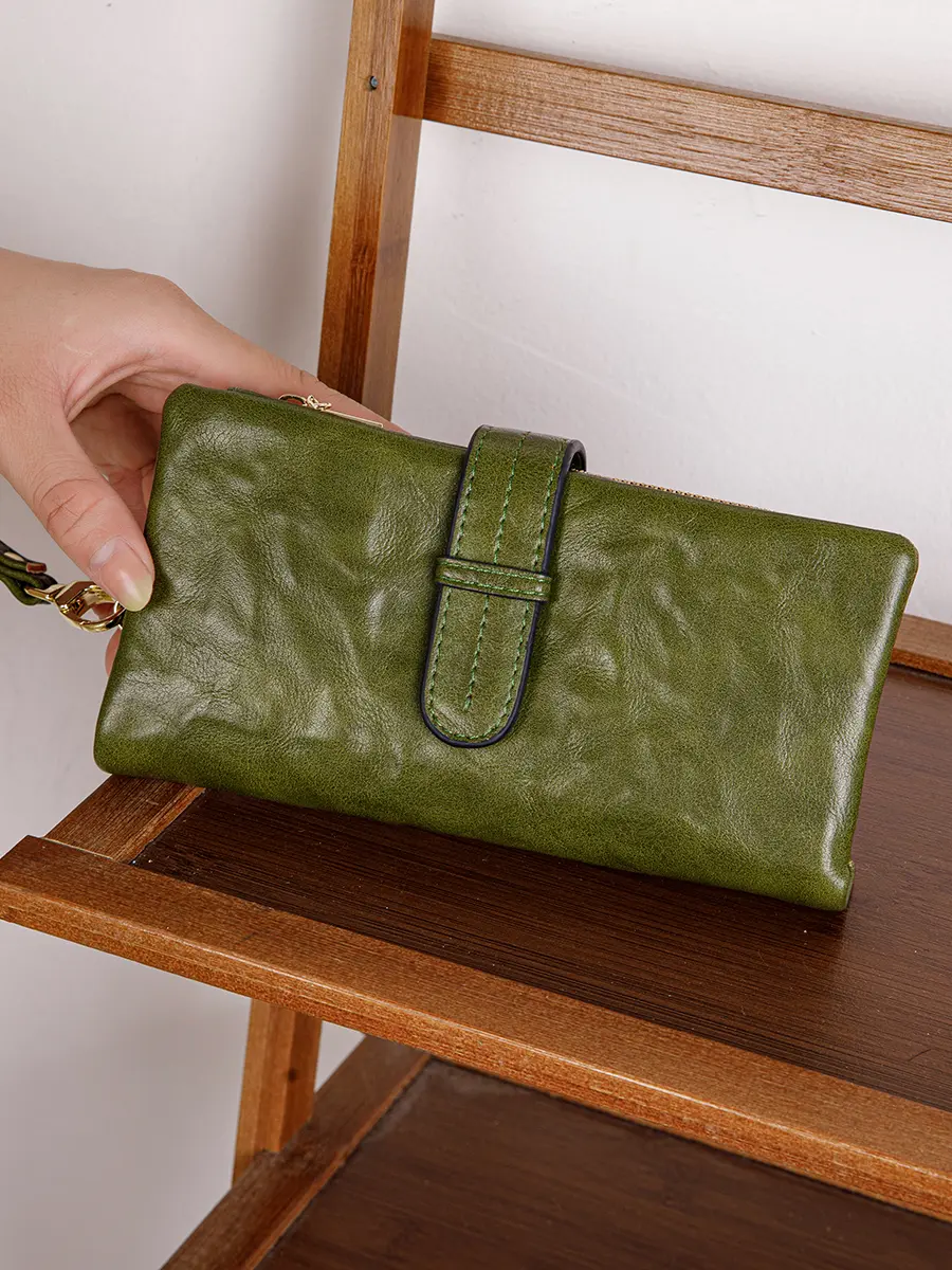 Retro Women's Triple Fold Long Wallet Minimalist with Wrist Strap Multi Card Slot Hand Wallet