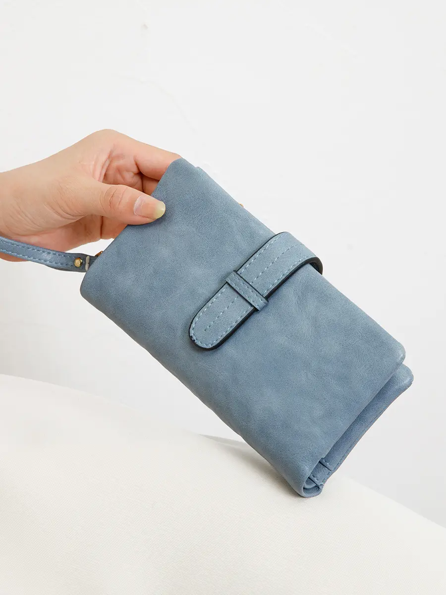 Retro Women's Triple Fold Long Wallet Minimalist with Wrist Strap Multi Card Slot Hand Wallet