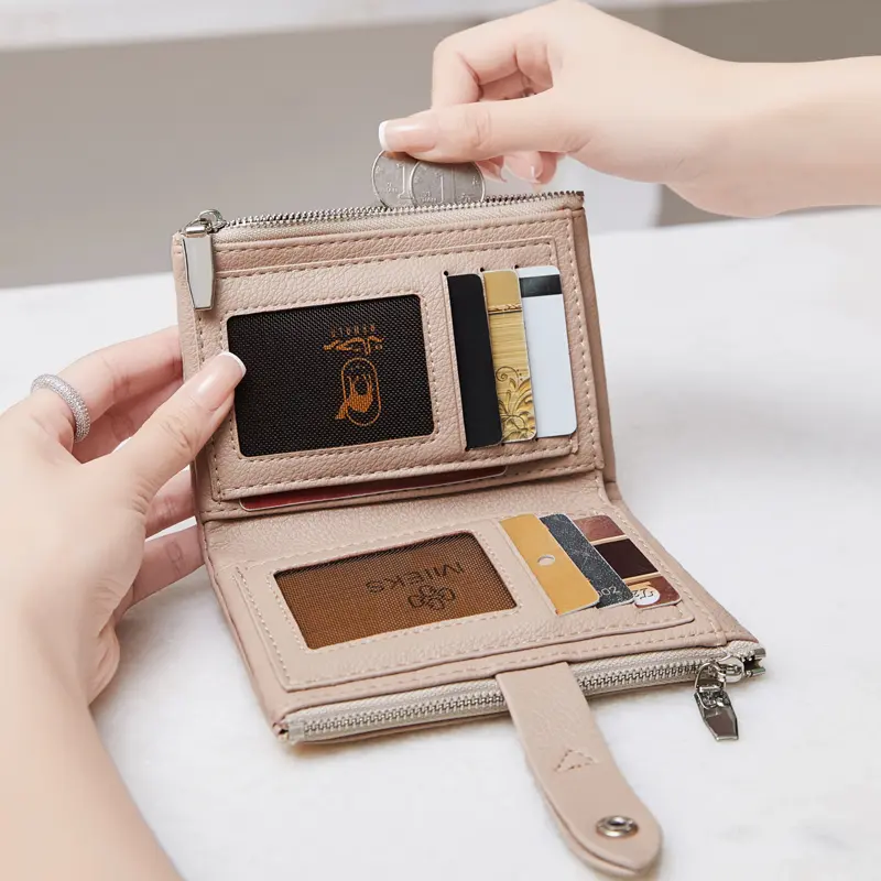 Minimalist Women's Wallet Short Folding Card Bag High QualityPUMulti functional Pocket Business Card ClipClassicZipper MoneyClip