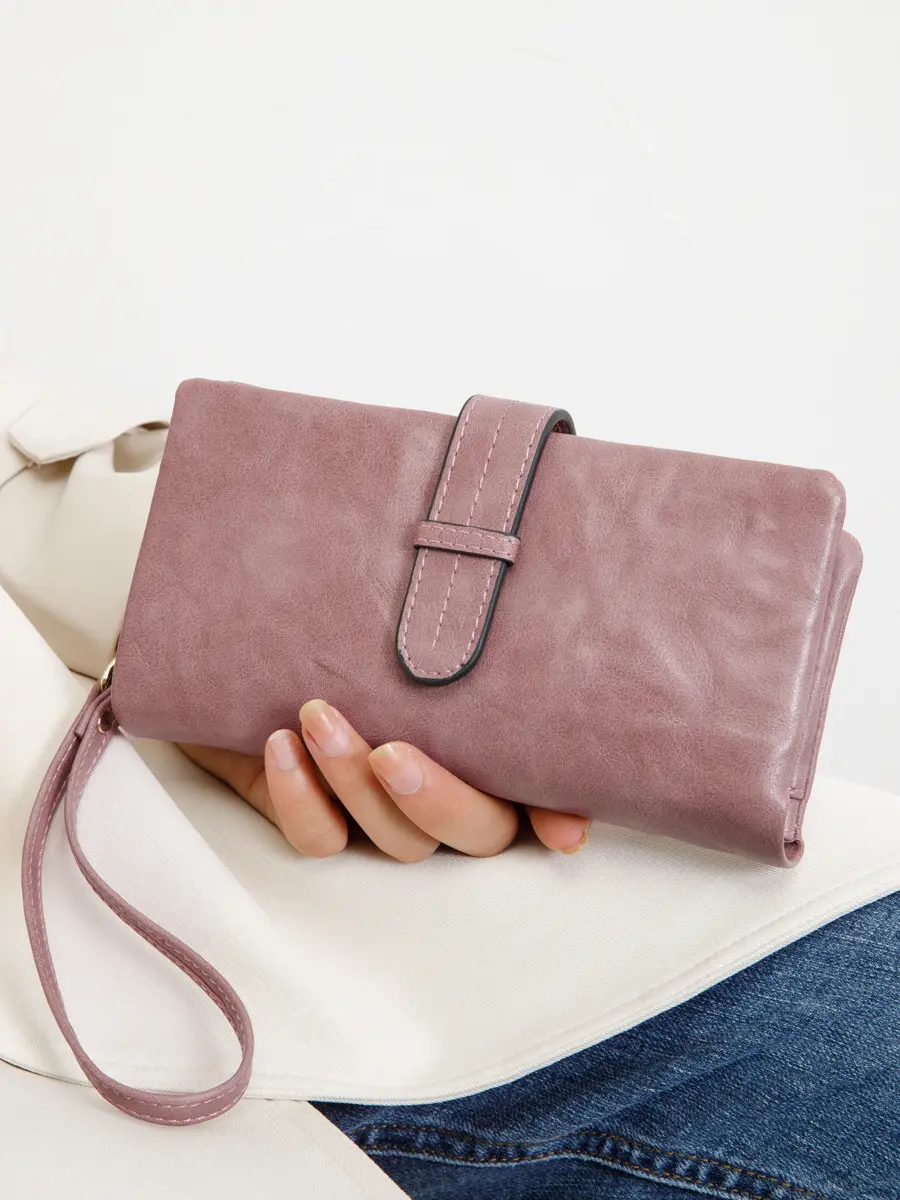Retro Women's Triple Fold Long Wallet Minimalist with Wrist Strap Multi Card Slot Hand Wallet