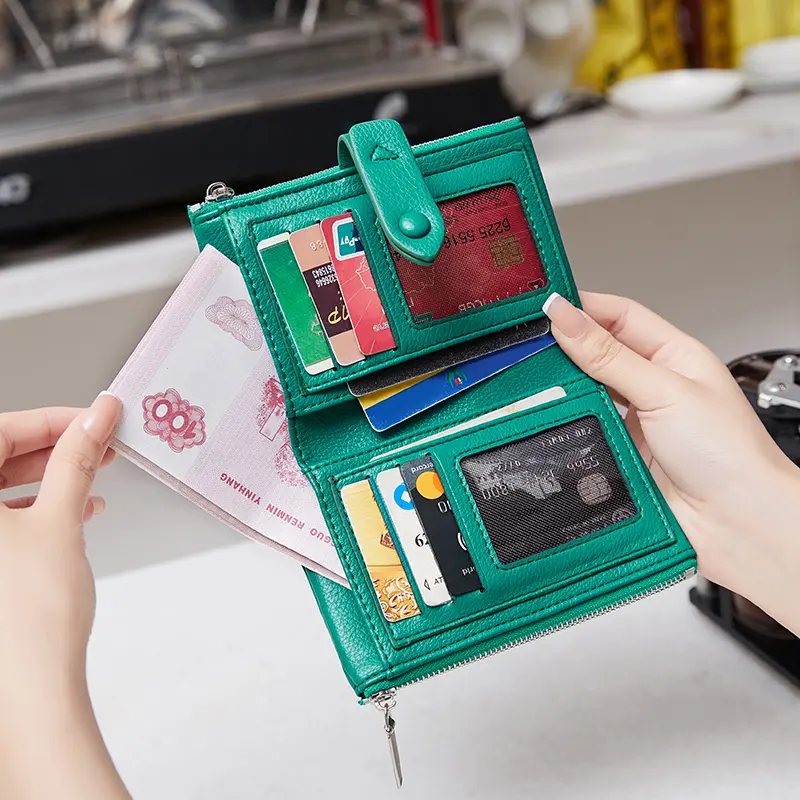 Minimalist Women's Wallet Short Folding Card Bag High QualityPUMulti functional Pocket Business Card ClipClassicZipper MoneyClip