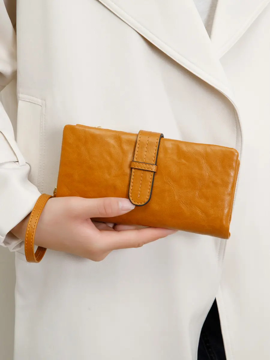 Retro Women's Triple Fold Long Wallet Minimalist with Wrist Strap Multi Card Slot Hand Wallet
