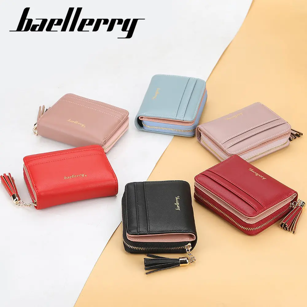 Baellerry 2025 Slim Short Wallet for Women - Trendy Zipper PU Coin Purse, 8 Card Slots & Key Ring Holder