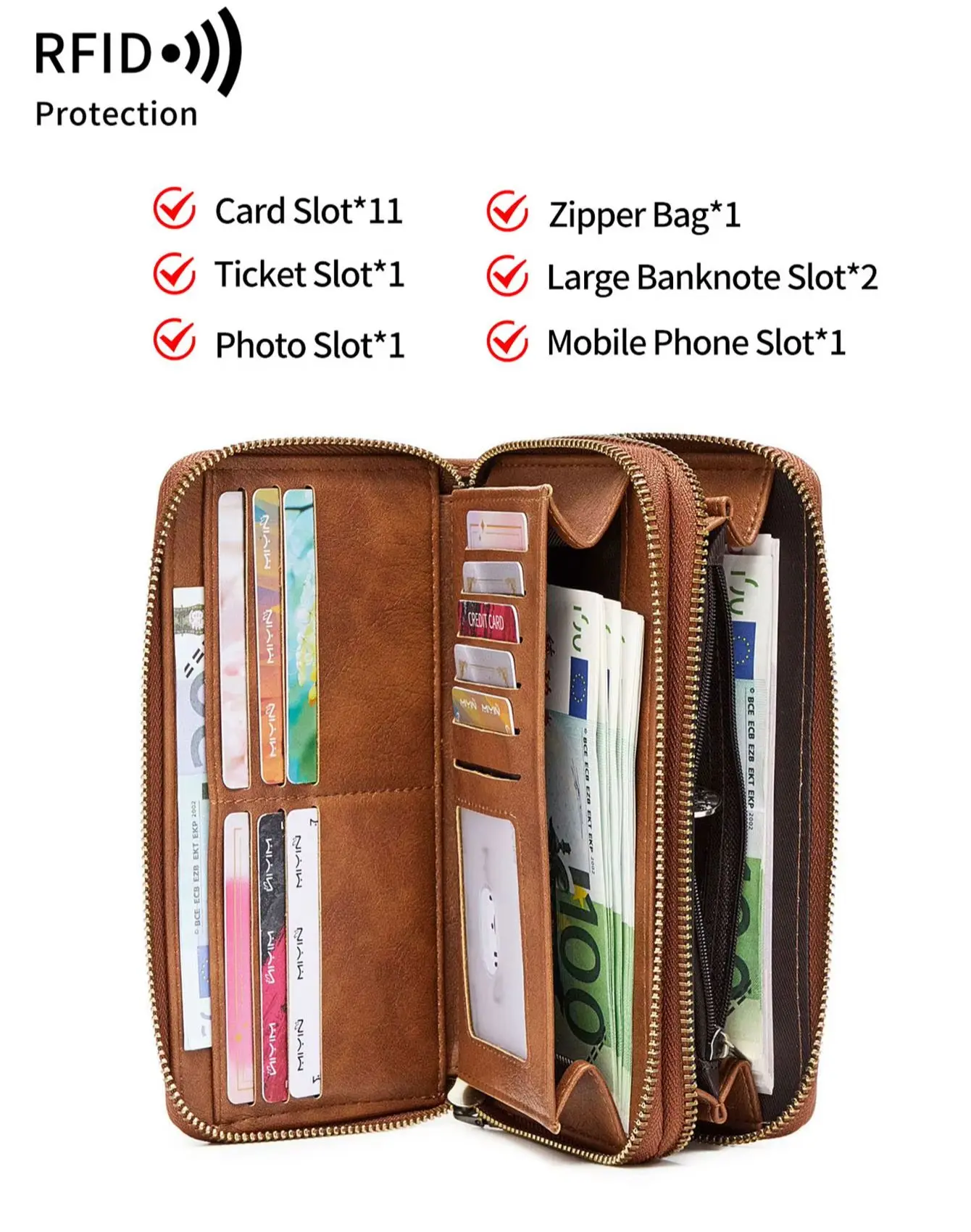 MIYIN Women's Wallet RFID Shielding Double Zipper Women's Clutch Bag Retro Minimalist Multi-function Multi-card Slot Card Holder