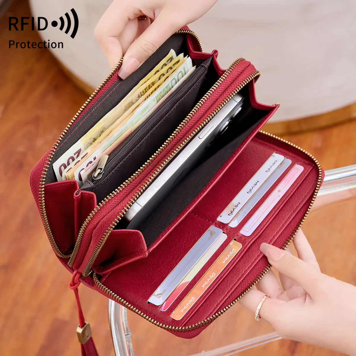 MIYIN Women's Wallet RFID Shielding Double Zipper Women's Clutch Bag Retro Minimalist Multi-function Multi-card Slot Card Holder