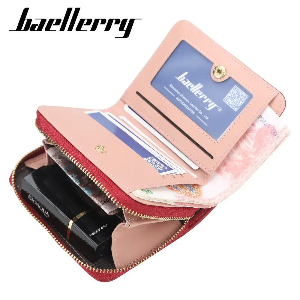 Baellerry 2025 Slim Short Wallet for Women - Trendy Zipper PU Coin Purse, 8 Card Slots & Key Ring Holder