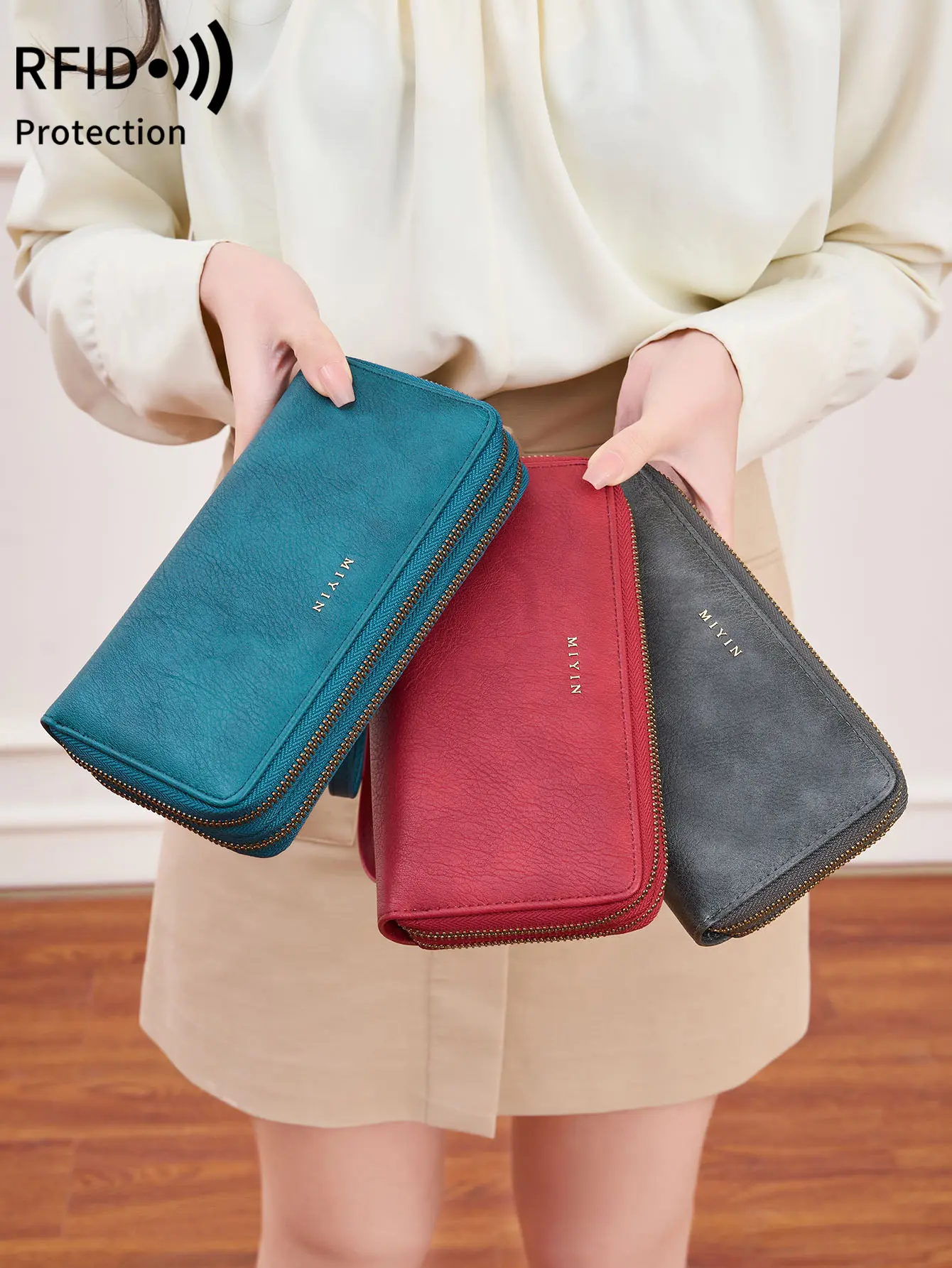 MIYIN Women's Wallet RFID Shielding Double Zipper Women's Clutch Bag Retro Minimalist Multi-function Multi-card Slot Card Holder